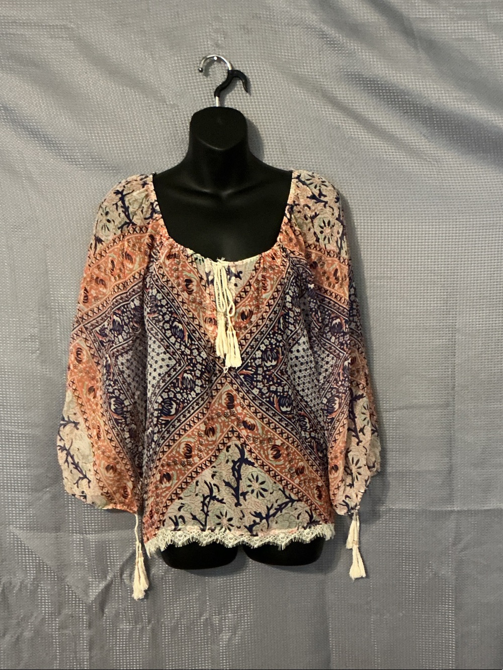 Anthropologie Peach & Navy Paisley Tassel Peasant Blouse